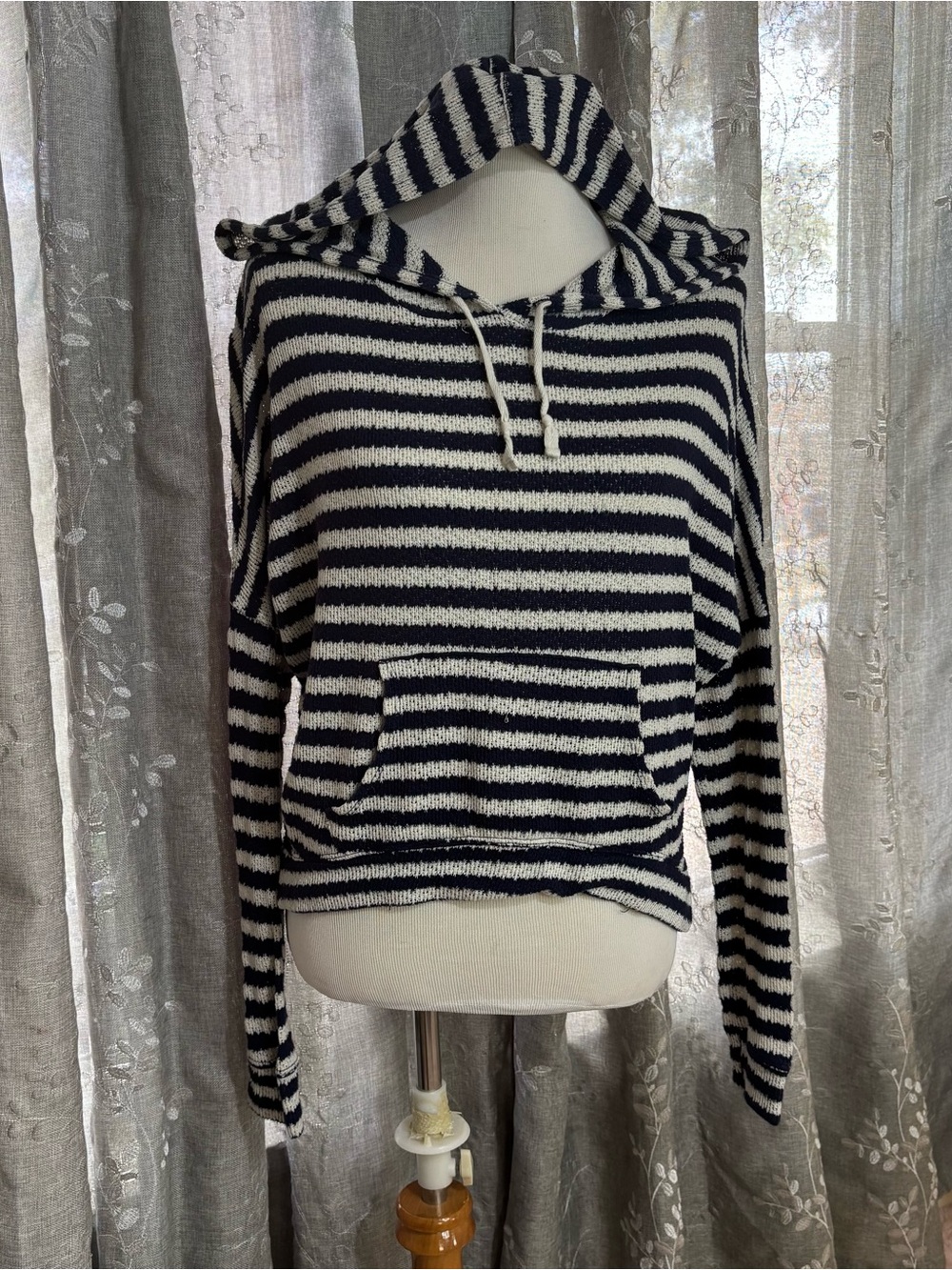 Abercrombie & Fitch Navy and White Striped Hooded Long Sleeve Top
